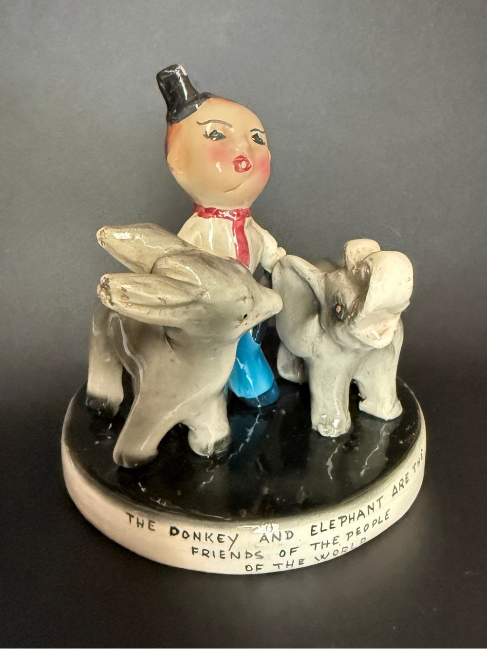 Italian 1940’s Ceramic Figure By Nasco Man, Donkey& Elephant 5.5” Tall